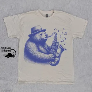 Funny Bear Playing Saxophone Retro Graphic Vintage Funny Bear Silly Animal Vintage Tee Funny Tee T-Shirt